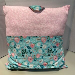 Handmade 18” Pink Flannel Reading Pillow with Floral Cotton Pocket